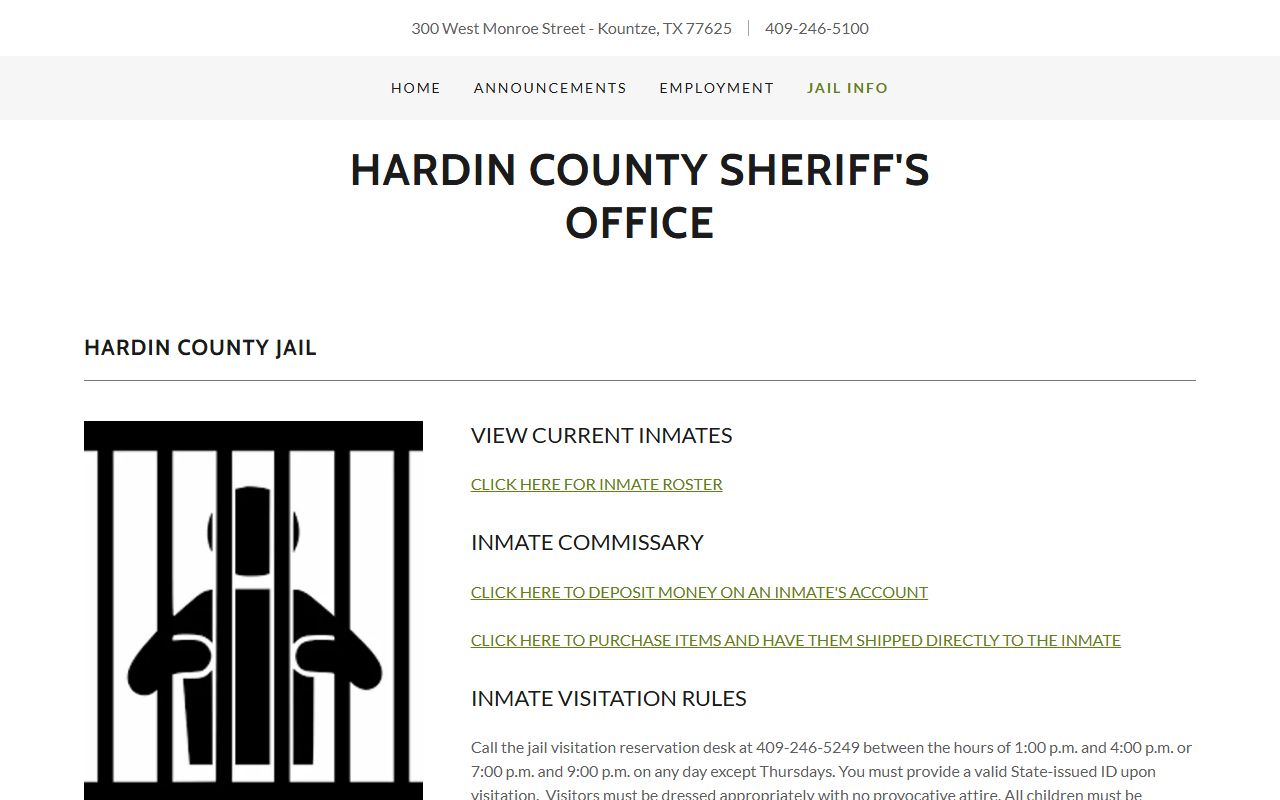 Hardin County Jail information page for inmate roster and visitation